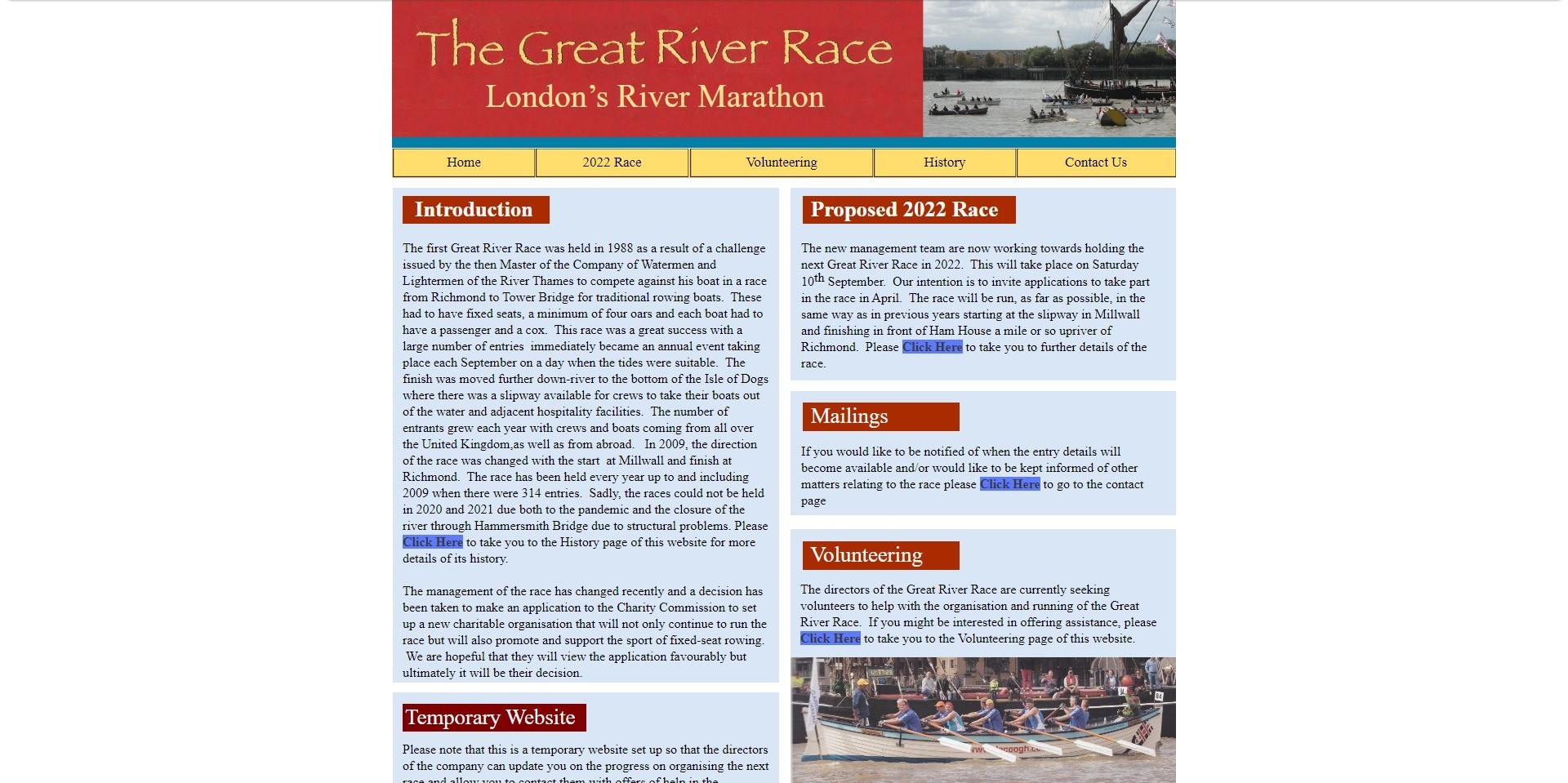 The previous Great River Race website, shown on desktop