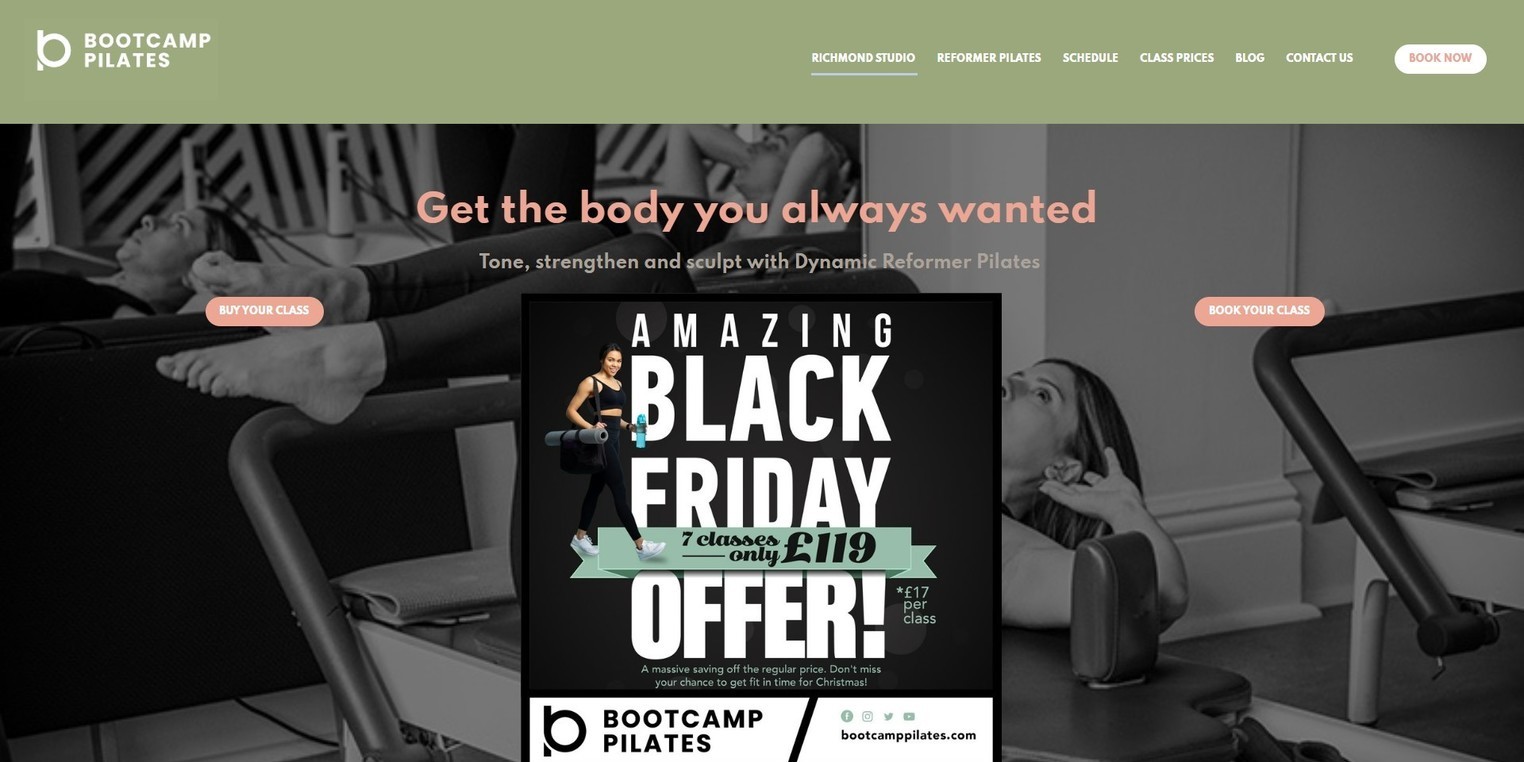 The new Bootcamp Pilates website, designed by it'seeze, shown on desktop