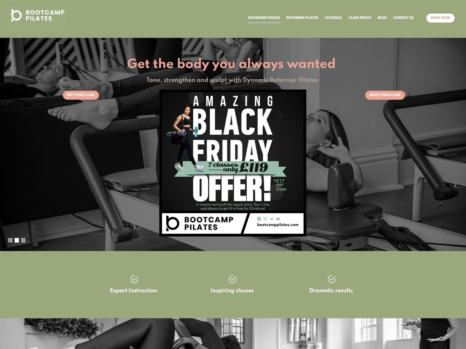The new Bootcamp Pilates website, designed by it'seeze, shown on desktop